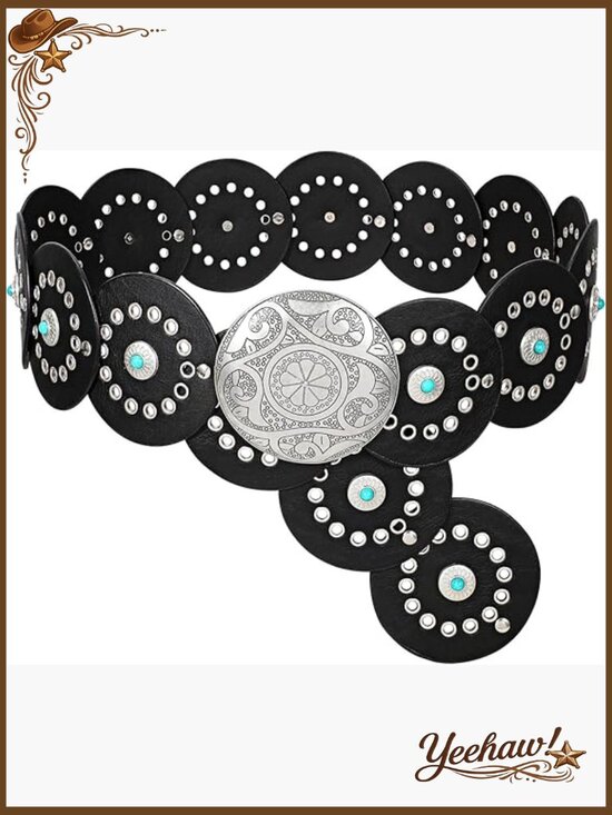 Western PU Leather Wide Belt with Concho Buckle